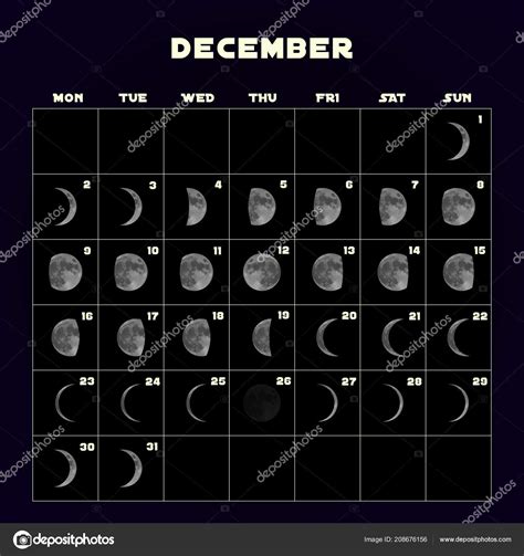 Moon Phases Calendar For 2019 With Realistic Moon December Vector