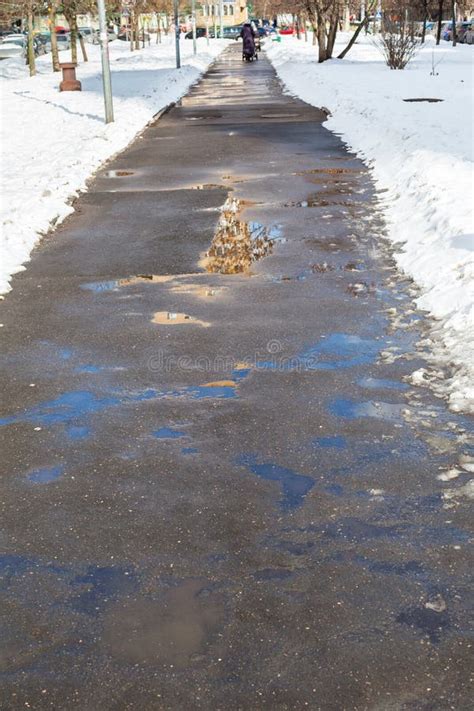 Footpath Melting Snow Puddles City Stock Photos Free And Royalty Free
