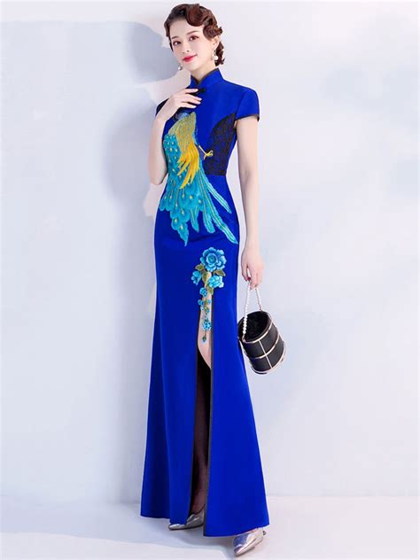 long asian blue cheongsam qipao with peacock