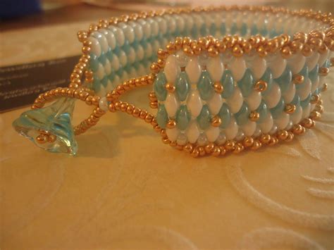 Blue And White Super Duos Bracelets With Gold Seed Bead Edging