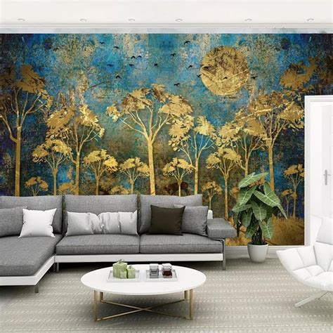 Custom Mural Wallpaper Chinese Style Abstract Golden Trees