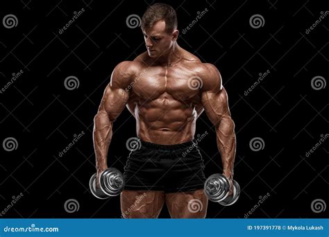 Muscular Man With Dumbbells Isolated On Black Background Strong Male Naked Torso Abs Stock