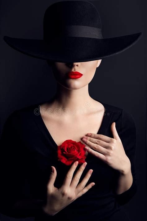 Woman In Hat Rose Flower On Heart Elegant Fashion Model Beauty