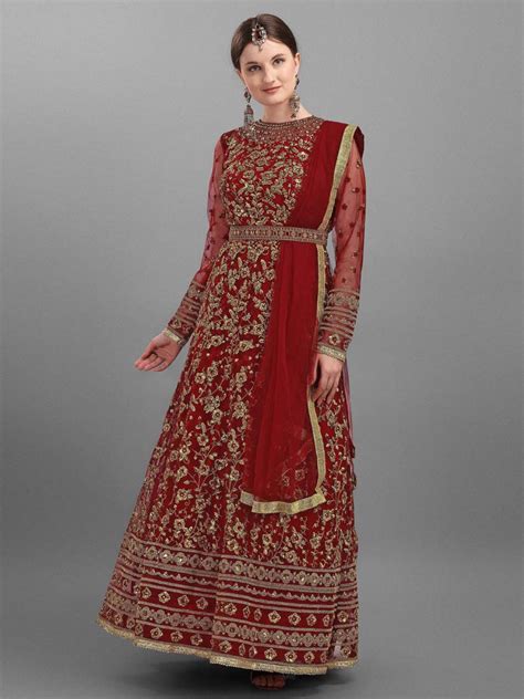 Net Embroidered Red Semi Stitched Anarkali Suit