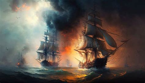 Battle Of Sea Old Sailing Ships In Fire And Smoke Illustration