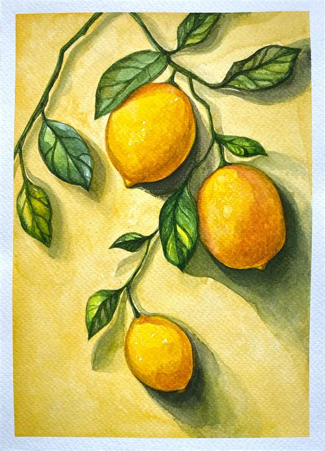 Lemon Painting Watercolor Drawing Lemon Branch Original Art Etsy Uk