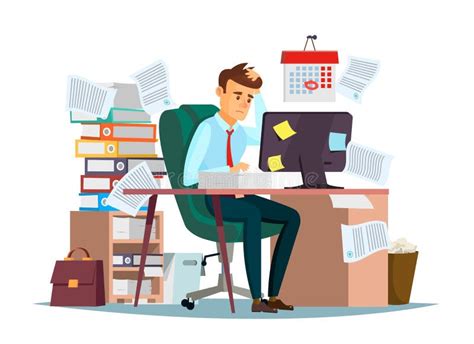 Man Overwork In Office Vector Illustration Of Cartoon Manager Sitting At Computer Desk Working