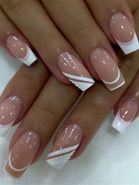 Transform Your Nails With 24pcs Long Square White Line French Style