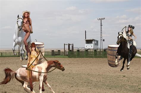 Sexy Cowgirl Babes Start Practicing For The Bikini Bareback Barrel Race