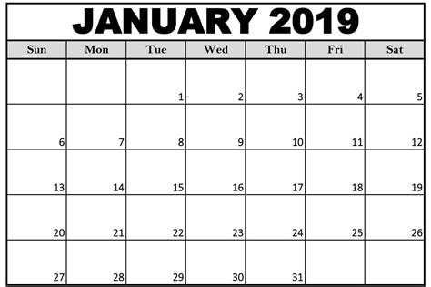 Calendar January 2019 Printable Template In Pdf Word Excel