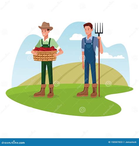 Farmers Working In Farm Cartoons Stock Vector Illustration Of Rural