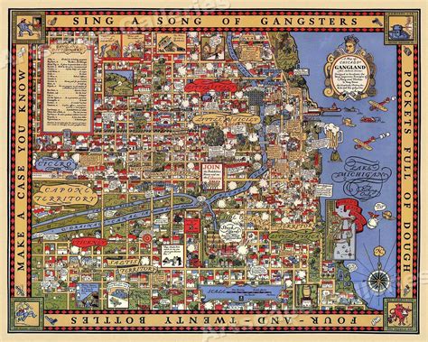 1930s “a Map Of Chicagos Gangland” Vintage Style Pictorial Map 16x20