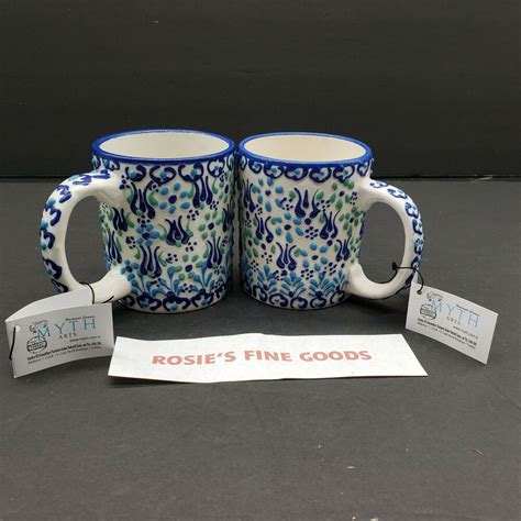 Set Of 2 MYTH ARTS 12 OZ Handmade Turkish Coffee Tea Mugs Blues NWT