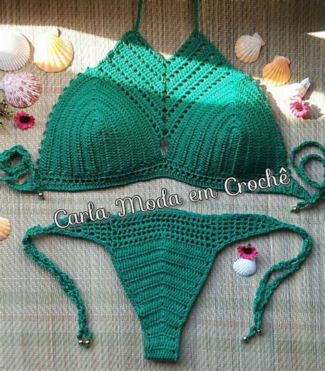 two green bikinis with crochet on the bottom and one is made out of yarn