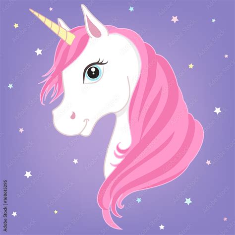 White Unicorn Vector Head With Pink Mane And Horn Unicorn On Starry