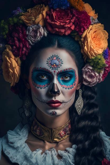 Premium Photo Beautiful Woman Painted Skull Face Painted Like Skull