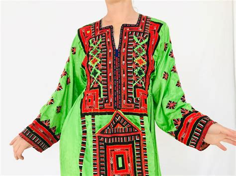 Vintage Traditional Balochi Hand Embroidered Satin Dress Xs S