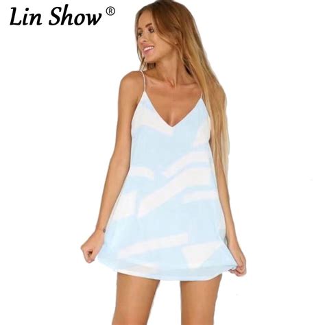 Linshow Sexy Summer Striped Spaghetti Strap Short Dress Casual Mini