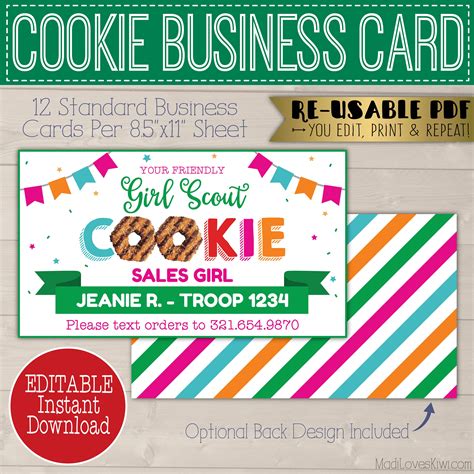 Girl Scout Cookie Sales Business Cards Printable Cookie Etsy