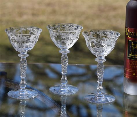 Vintage Acid Etched Crystal Liquor ~ Wine Glasses Set Of 4 Tiffin