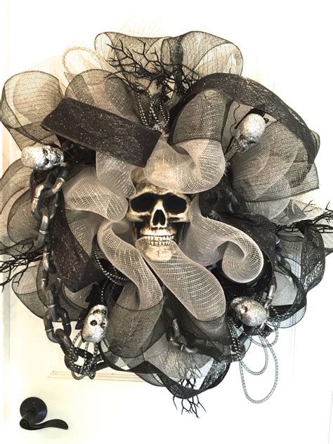 Halloween Deco Mesh Wreath Skull Black White Silver Spooky Wreath