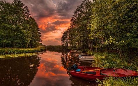River Boats Forest Sunset Landscape Wallpapers Hd Desktop And