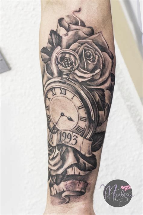 Check out this amazing rose and pocket watch tattoo time lapse! memorial tattoo, realistic pocket watch, roses and birth ...