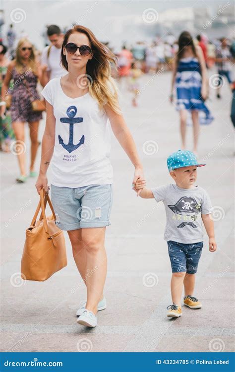 Young Mother And Her Son Walking In City Stock Image Image Of Street