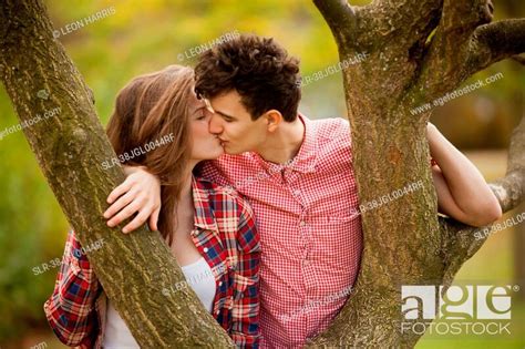 Teenage Couple Kissing In Tree In Park Stock Photo Picture And Royalty Free Image Pic Slr