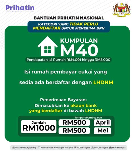 Pembayaran pinjaman bank diberi kepada golongan b40 dan peniaga kecil yang terjejas secara automatik, kata menteri kewangan, tengku datuk seri zafrul tengku abdul aziz. Bantuan Prihatin Nasional - Cara Mohon M40 dan B40 ...