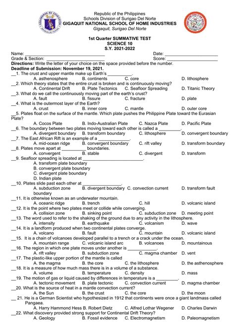 Grade 10 Science Q1 Summative Test Pdf Earthquakes Plate 43 Off