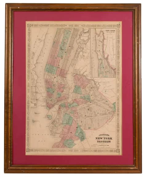 1866 Antique 19th Century Aj Johnson Wall Map Of New York And Brooklyn