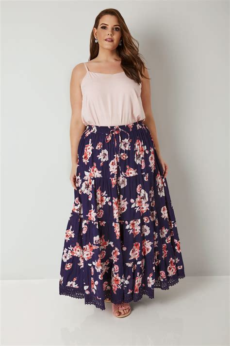 Navy And Pink Floral Print Tiered Maxi Skirt With Lace Trim Hem Plus