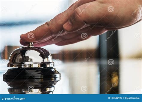Hand Presses The Service Bell On Reception In Hotel Stock Image Image