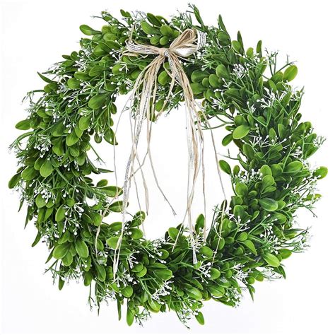 Coolmade 16 Inch Artificial Green Leaf Wreath With Bow Spring Front