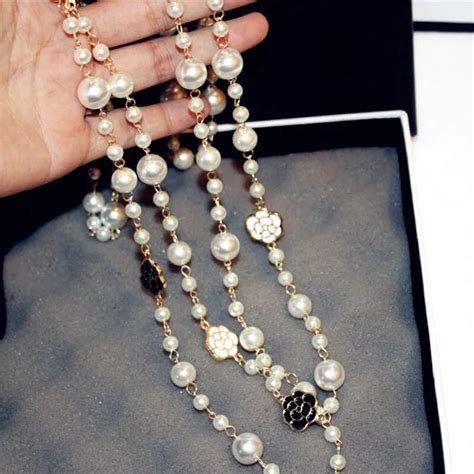 long simulated pearl necklace for women flower double layer collane lunghe donna camellia maxi