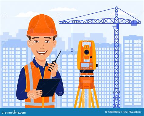 Surveyor Cartographer Cartoon Smile Character With Total Station And