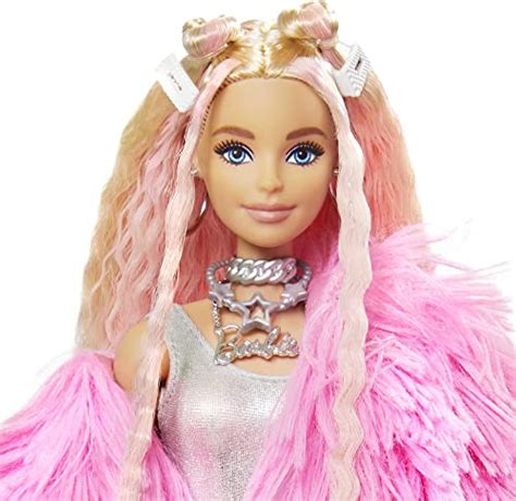 Barbie Extra Doll And Accessories With Pink Streaked Blonde Crimped Hair In Fluffy Pink Coat With