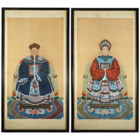 A Pair Of Framed Chinese Ancestors Portraits Paintings