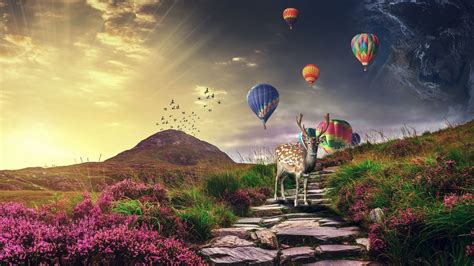 Wallpaper Deer Air Balloons Photoshop Hd Picture Image