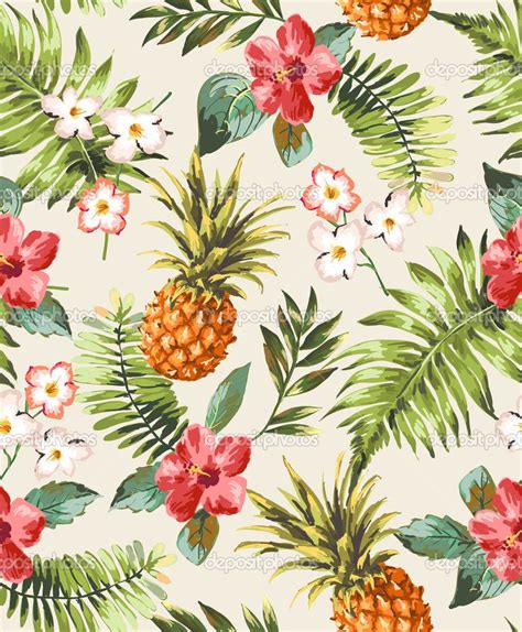 Vintage Seamless Tropical Flowers With Pineapple Vector Pattern