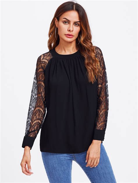 Lace Panel Sleeve Blouse Lace Sleeve Top Lace Sleeves Long Sleeve