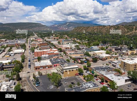 Aerial View Above Downtown Durango Colorado And The San Juan Mountains