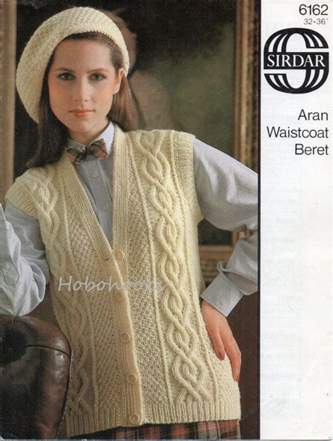 l8086 womens knitting pattern womens aran waistcoat beret cable long womens aran pattern 32 36