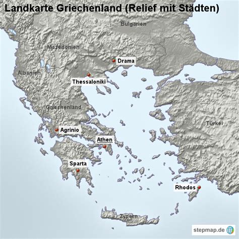 StepMap Landkarte Griechenland Relief mit Städten Landkarte für
