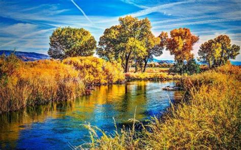Photography Landscape Nature River Trees Shrubs Hills Clouds