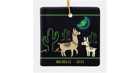 Personalized Llamas Neon Moon And Cacti Christmas Ceramic Ornament