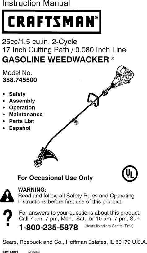 CRAFTSMAN Line Trimmers Weedwackers Gas Manual L0809500