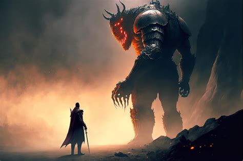 Premium Ai Image A Man Stands In Front Of A Giant Monster With Red