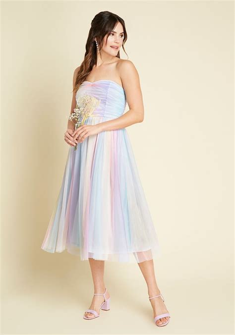 A Lovely Mesh Strapless Dress Rainbow Prom Dress Womens Special